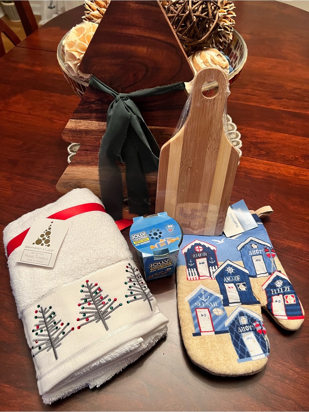Holiday Kitchen Towel Set with Blue Nautical Oven Mitts and Bamboo Cutting Board